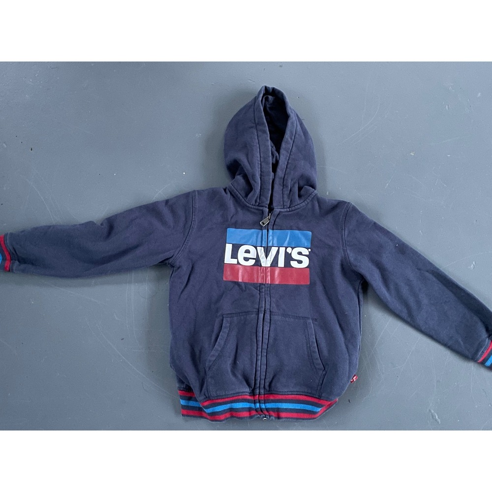 Levis Boys Navy Blue Zip Up Hoodie Graphic Logo Striped Trim Size 7 6-7 Yrs